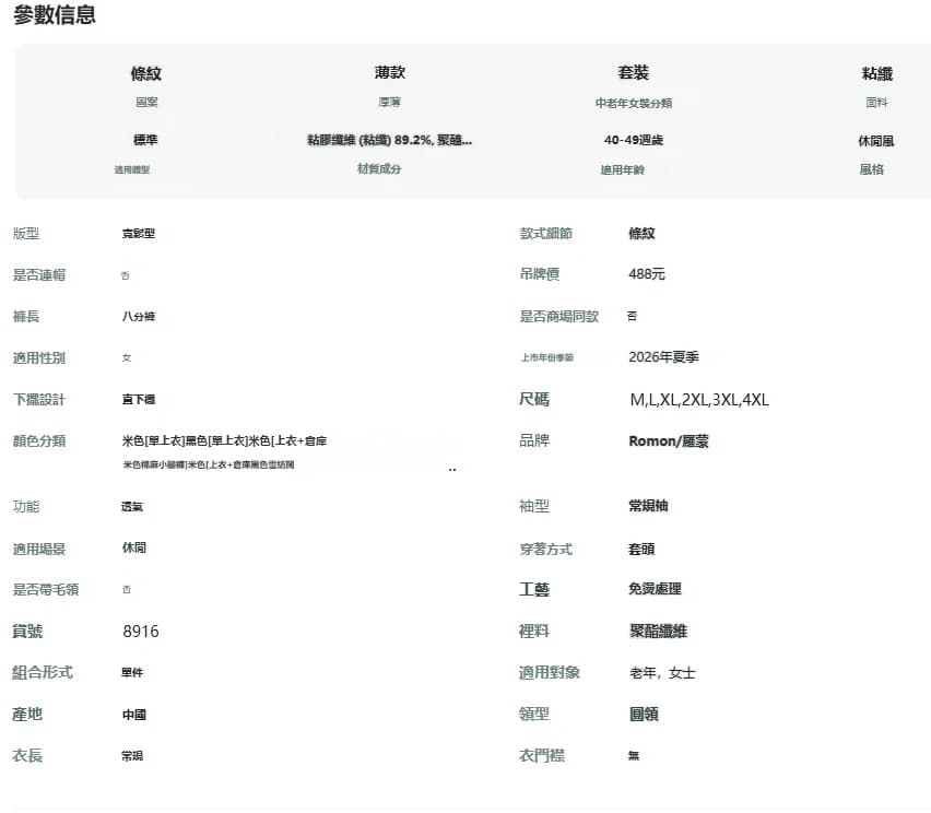 服裝商品參數繁體中文圖片翻譯前